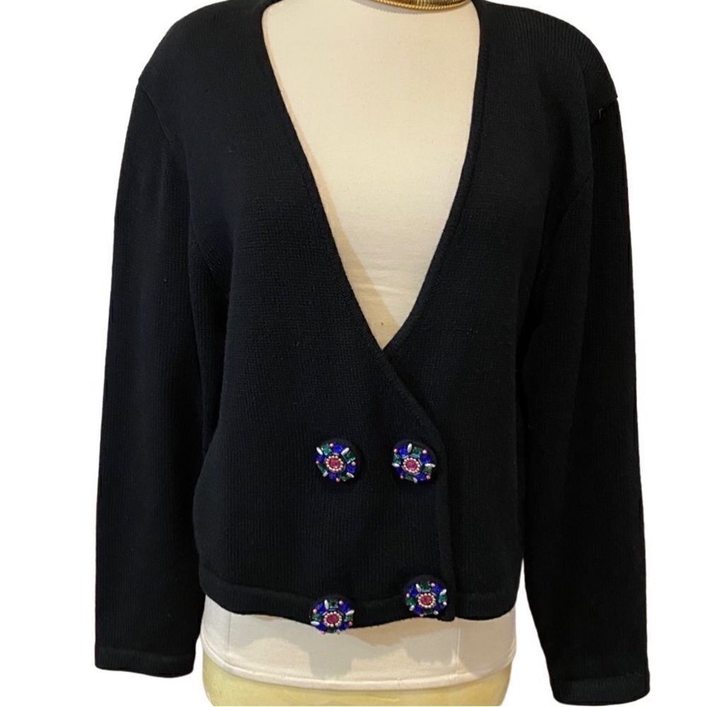 Vintage Robert Scott Ltd Black Cardigan Lambswool Blend Large Beaded Buttons